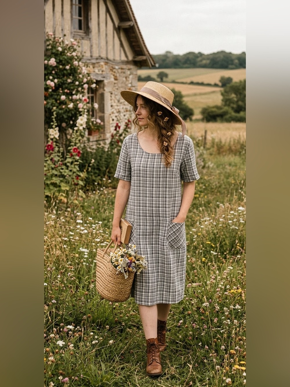 Vintage 90s Plaid Linen Midi Shift Dress Cottagecore Prairie Rustic L